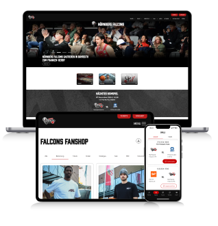 Ausschnitte der Website der Falcons Nürnberg werden auf einem Laptop, einem Tablet und einem Smartphone dargestellt.