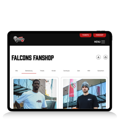 Auf einem Tablet wird der Nürnberg Falcons Fanshop angezeigt.